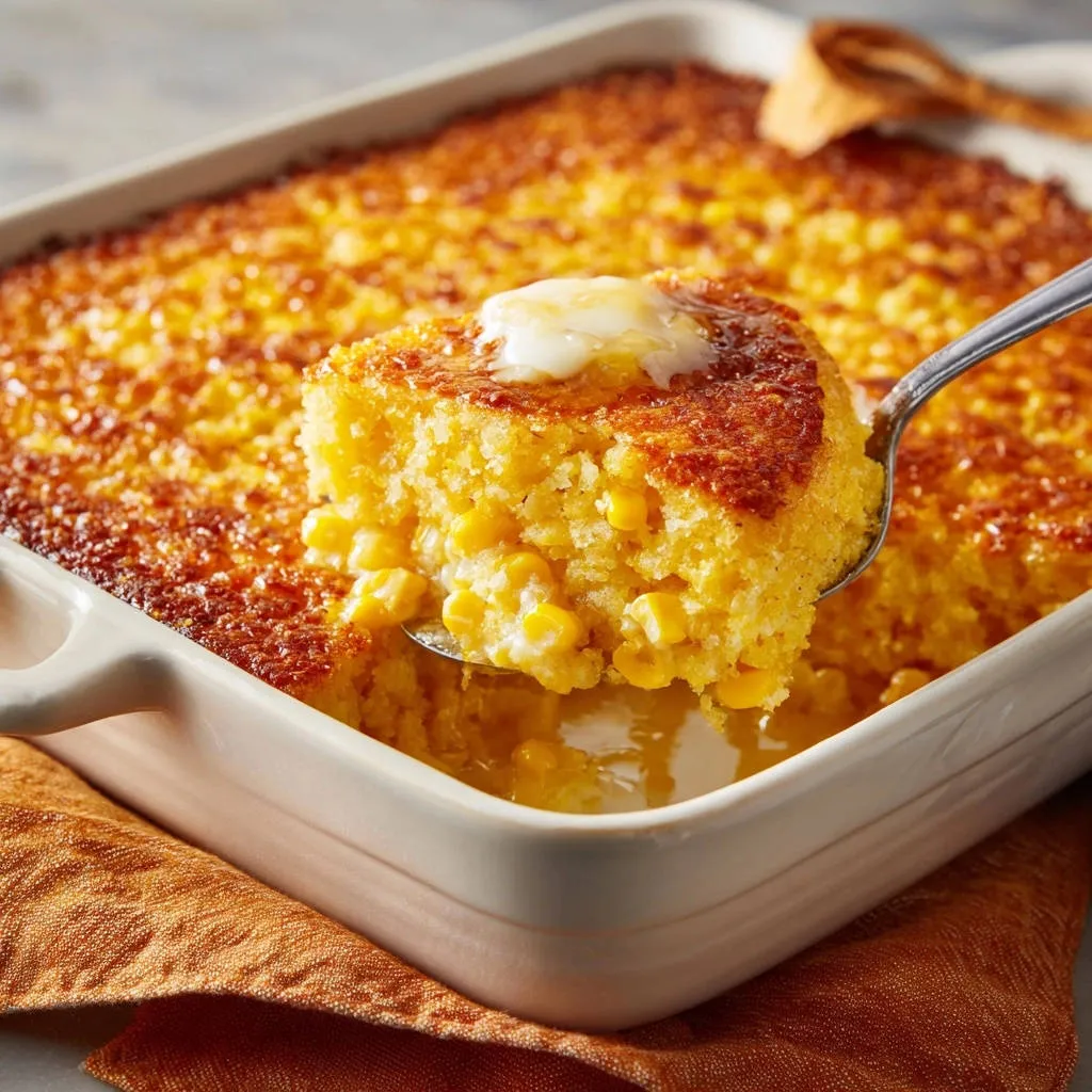 Corn casserole perfection with a spoonful revealing a golden crust and moist, buttery interior.