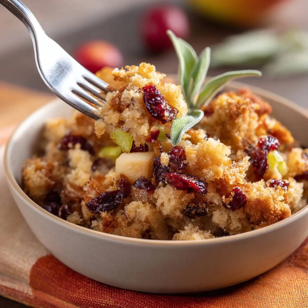 Festive Cranberry Apple Stuffing shown in a close-up forkful, highlighting the moist texture and ingredients.