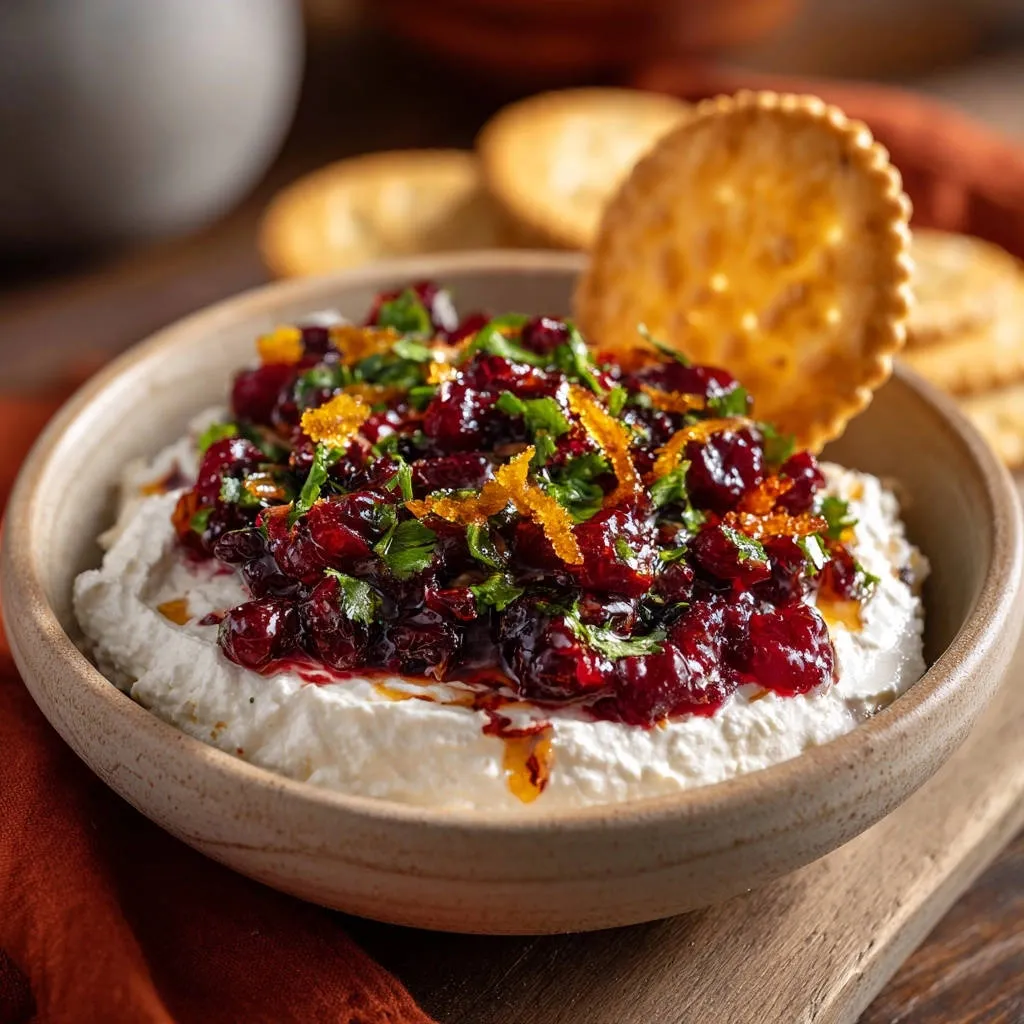 Cranberry orange whipped dip with fresh orange zest and parsley garnish, served in a rustic bowl with crackers.
