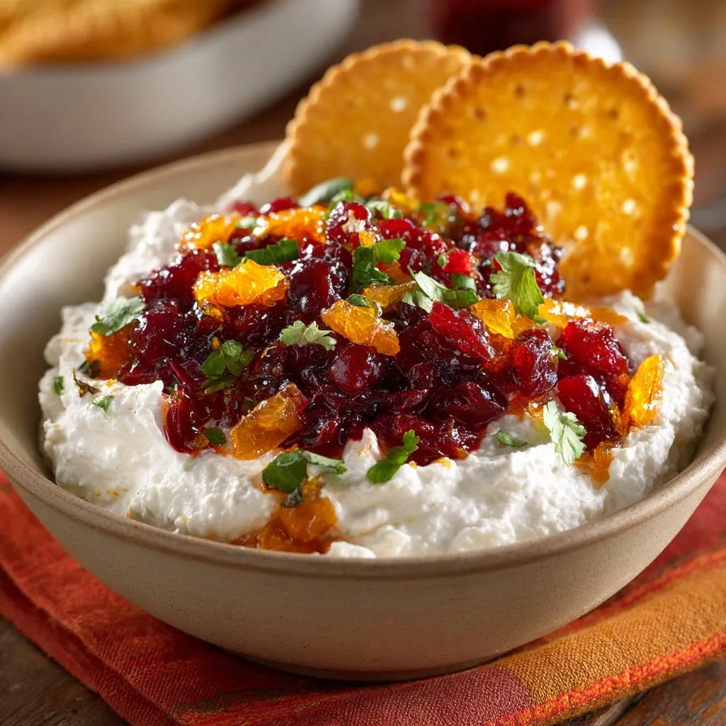 Cranberry orange whipped dip topped with fresh cranberries, orange zest, and parsley, served with crackers.