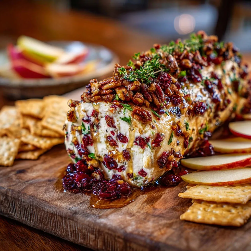 Cranberry Pecan Honey Cheese Log with a detailed view of the creamy interior and sweet toppings.