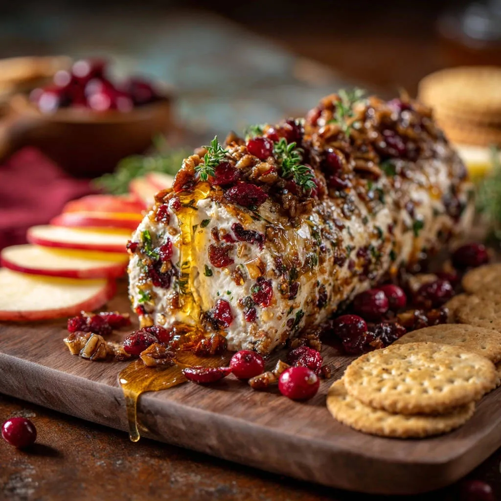 Cranberry pecan honey cheese log with a glistening honey drizzle and fresh cranberries on a wooden board.
