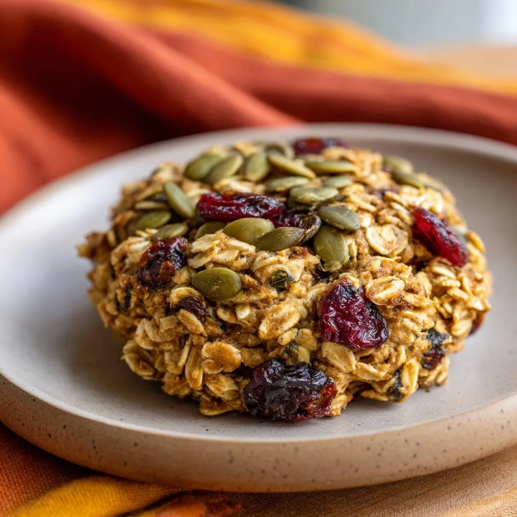 Wholesome cranberry pepita oat cookies shown close-up on a plate, featuring pumpkin seeds and dried cranberries.