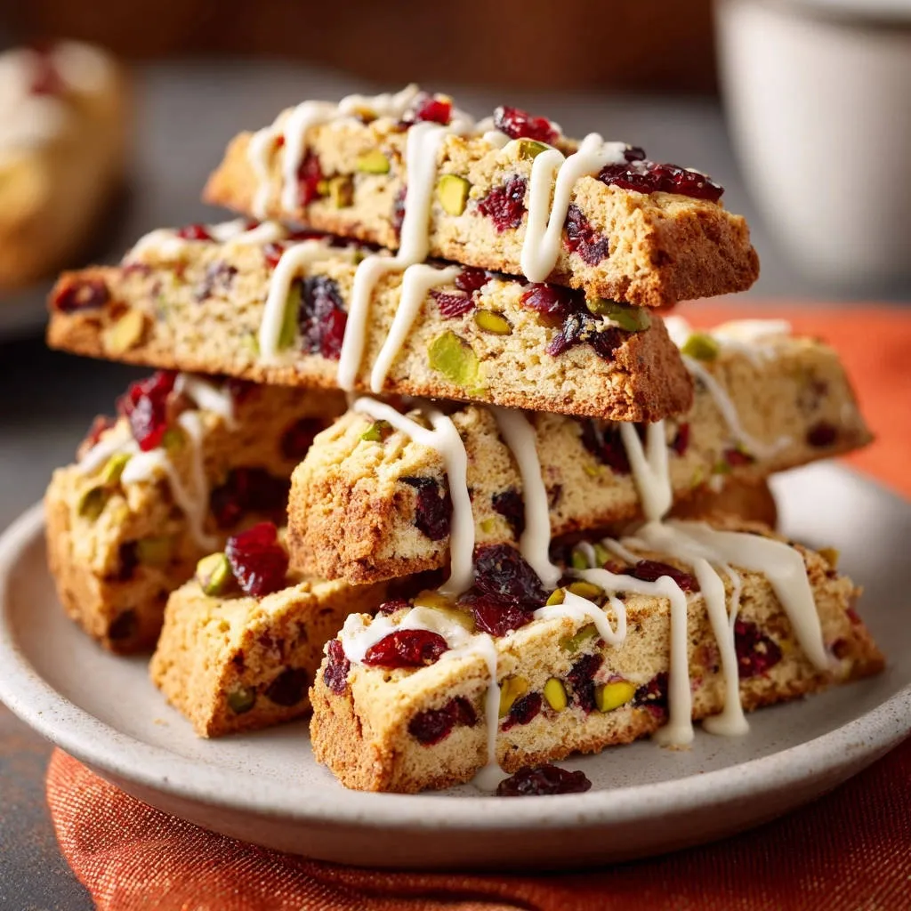 Cranberry pistachio biscotti stacked on a plate, drizzled with white icing and showing a detailed texture.