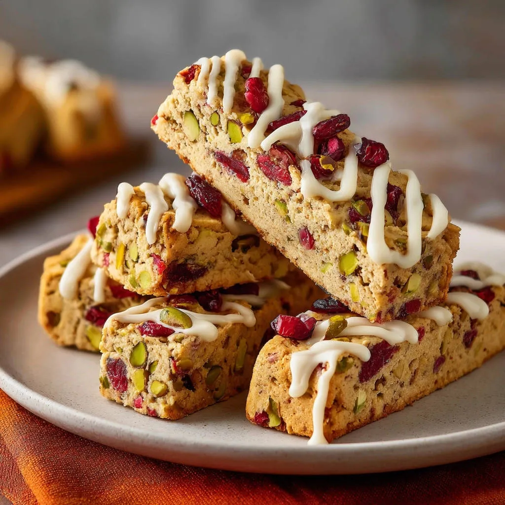 Cranberry pistachio biscotti stacked on a plate, drizzled with white icing and featuring visible nuts and dried cranberries.