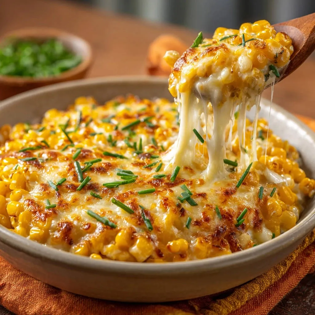 Creamy baked cheesy corn, a wooden spoon lifting a serving with a long, gooey cheese pull.