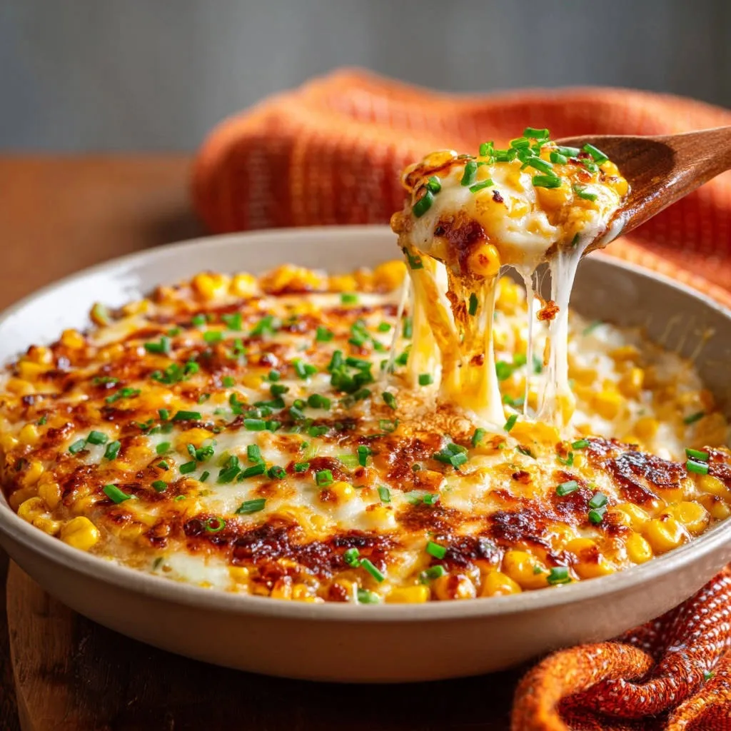 Creamy baked cheesy corn served with a spoonful showing melted cheese stretching from the dish.