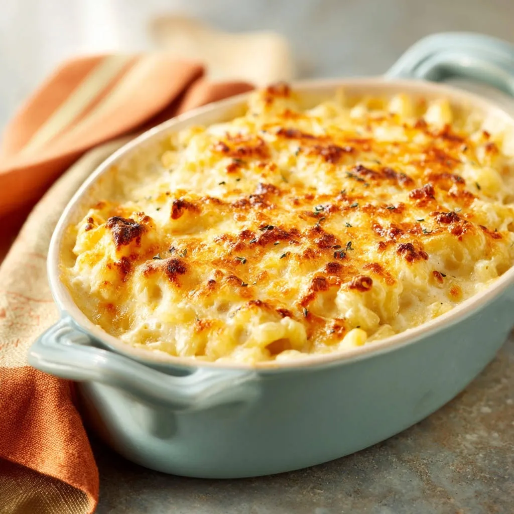 Creamy baked mac and cheese with a golden, bubbly, freshly baked topping in a light blue baking dish.