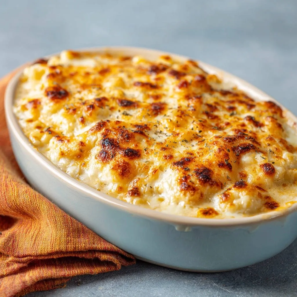 Creamy baked mac and cheese with a golden brown cheesy topping in a blue oval dish.