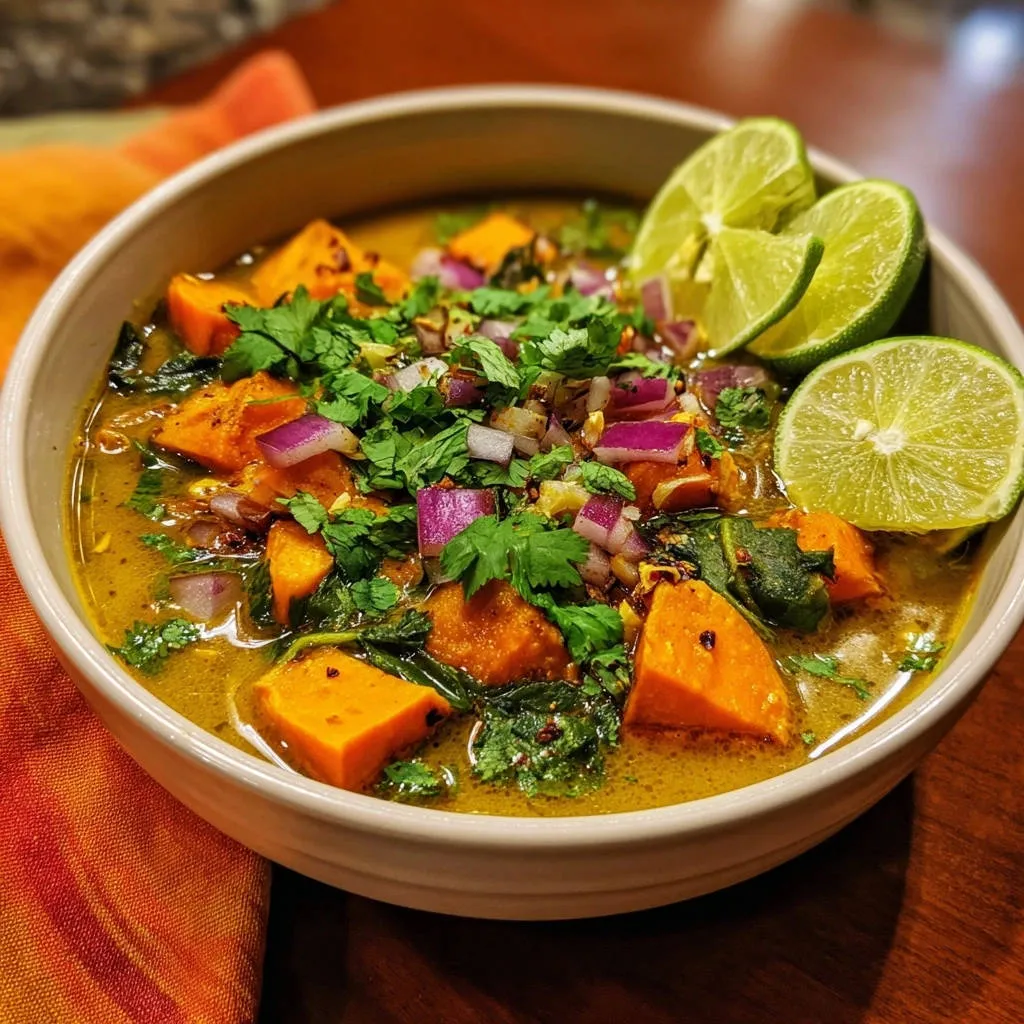Creamy beef and sweet potato curry garnished with fresh cilantro and lime wedges in a white bowl.