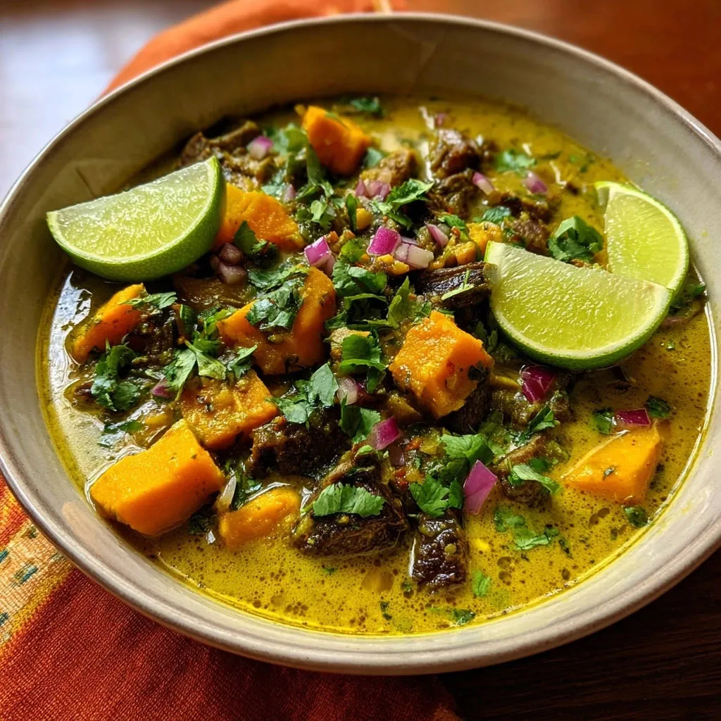 Creamy beef and sweet potato curry garnished with lime wedges and fresh cilantro