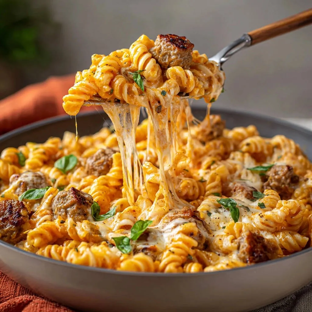 Creamy cheesy meatball pasta with a dramatic cheese pull captured on a serving spoon.