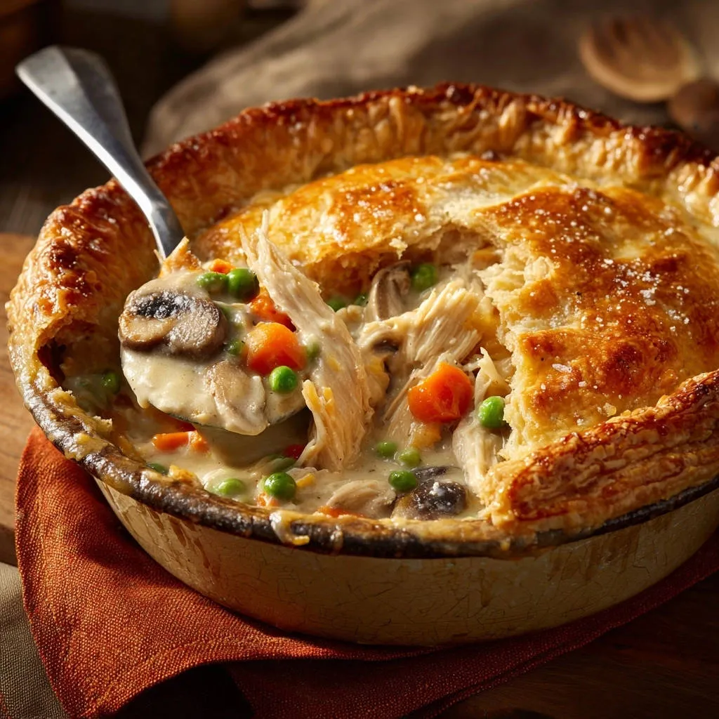 Creamy chicken and mushroom pot pie shown with a spoonful of the rich, creamy interior being lifted out.