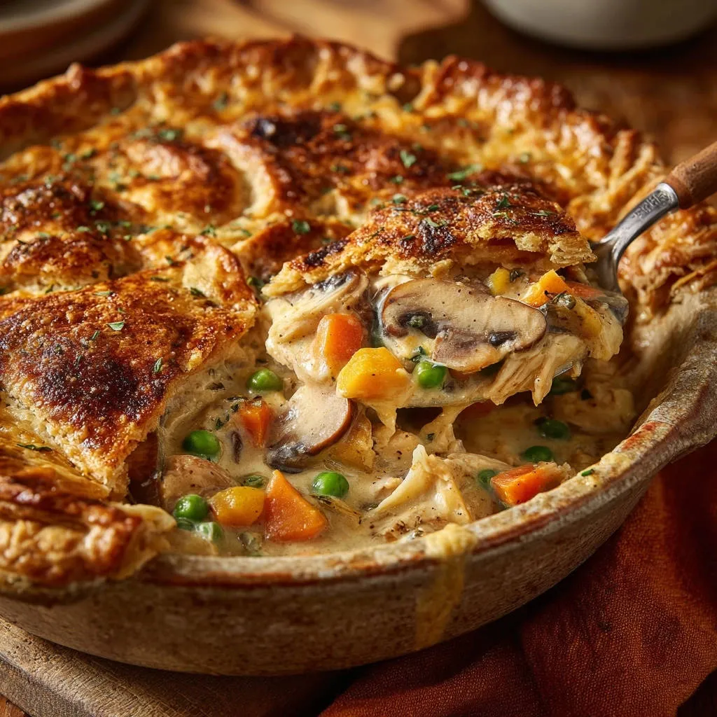 Creamy chicken and mushroom pot pie with a spoonful of its rich interior being lifted out.