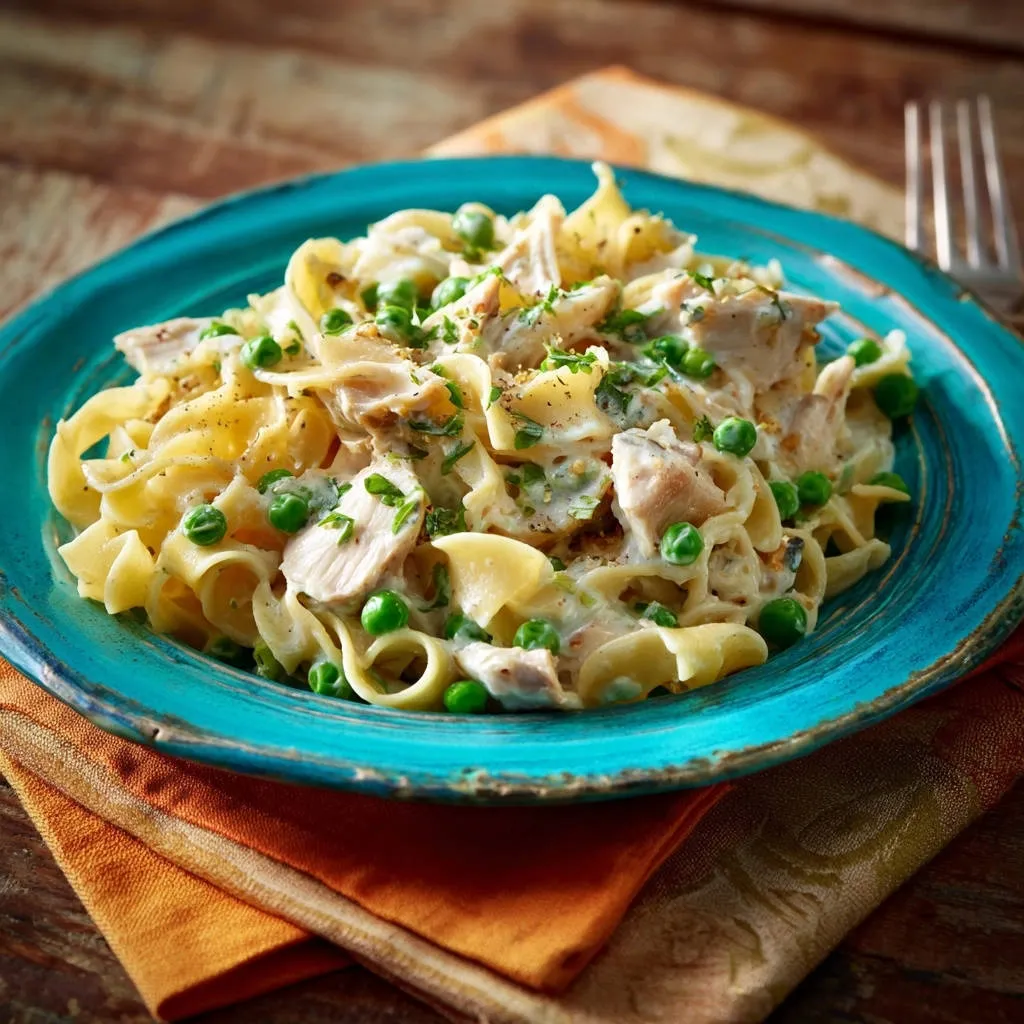 Creamy chicken noodle casserole served in a turquoise bowl, showcasing the rich sauce and tender noodles with peas.