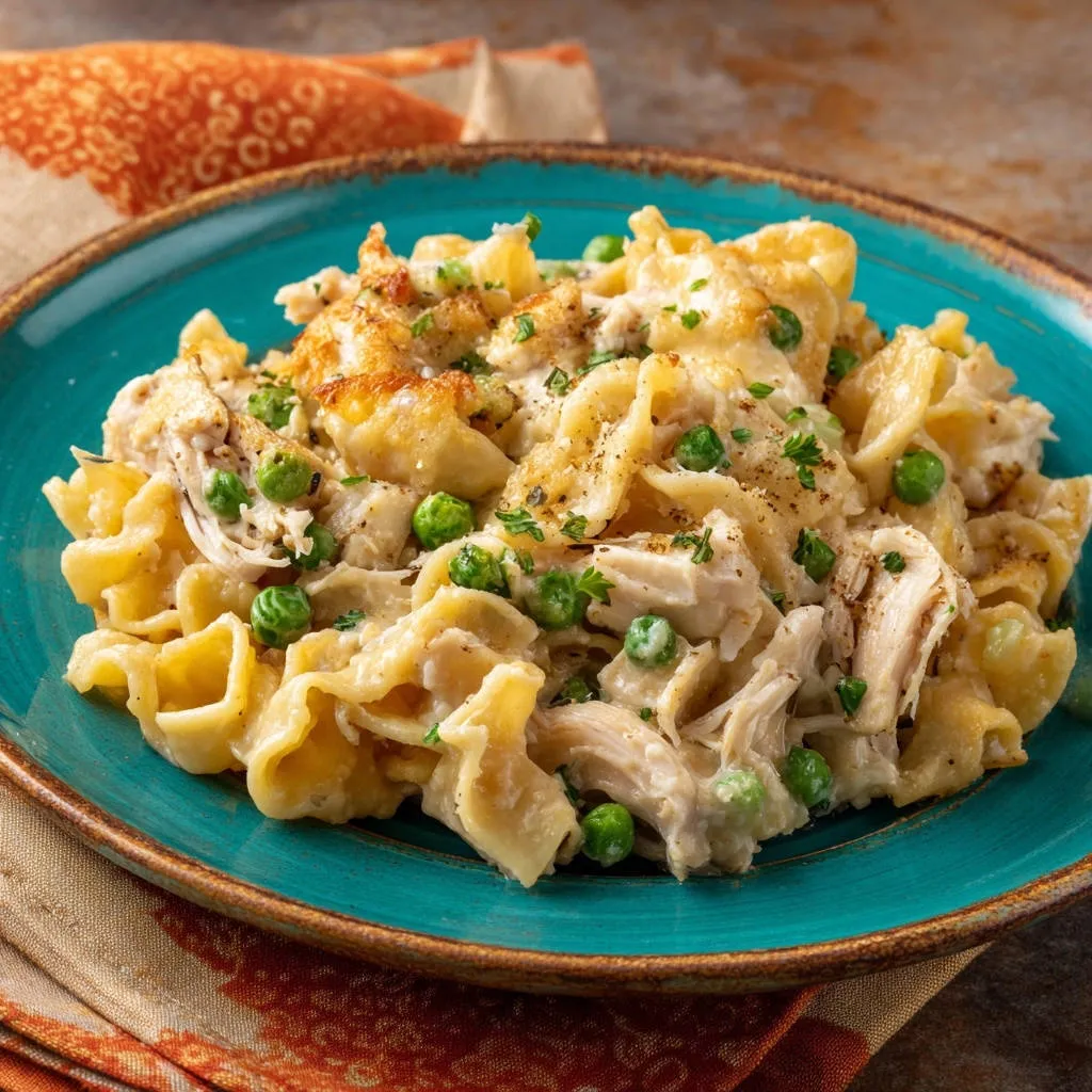 Creamy chicken noodle casserole served on a turquoise plate with peas and garnished with parsley