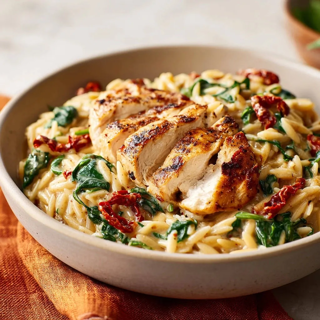 Creamy chicken orzo with a close-up view of the sliced grilled chicken breast on top.