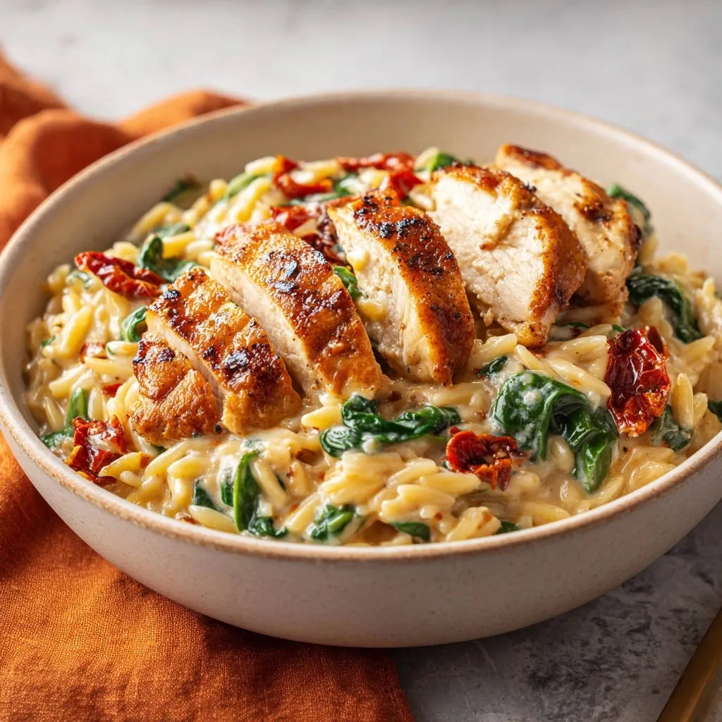 Creamy chicken orzo with sliced grilled chicken breast and sun-dried tomatoes in a bowl.