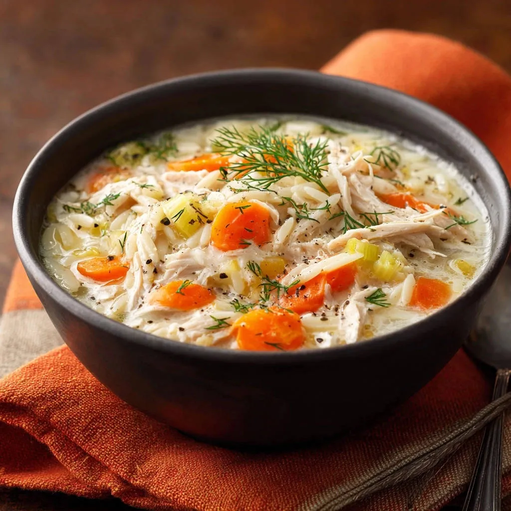 Creamy chicken orzo soup close-up in a dark bowl, showing tender orzo pasta, shredded chicken, and carrots.