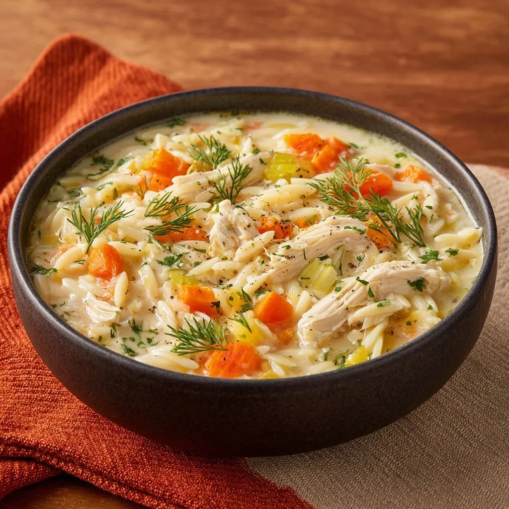 Creamy chicken orzo soup in a dark bowl, showcasing tender orzo pasta, shredded chicken, carrots, and fresh dill garnish.