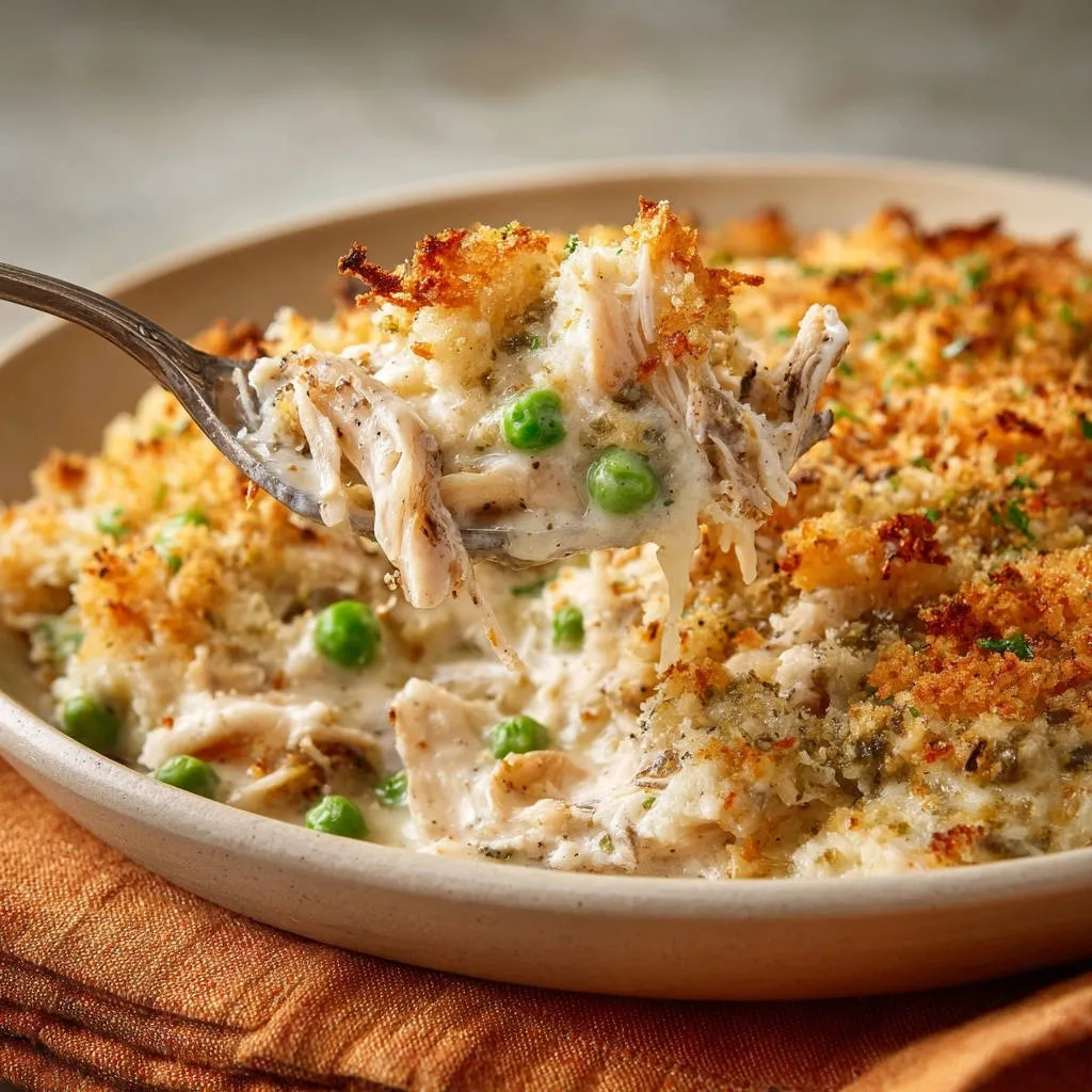 Creamy Chicken & Pea Bake with a golden breadcrumb topping, showcased on a forkful lifted from the dish.