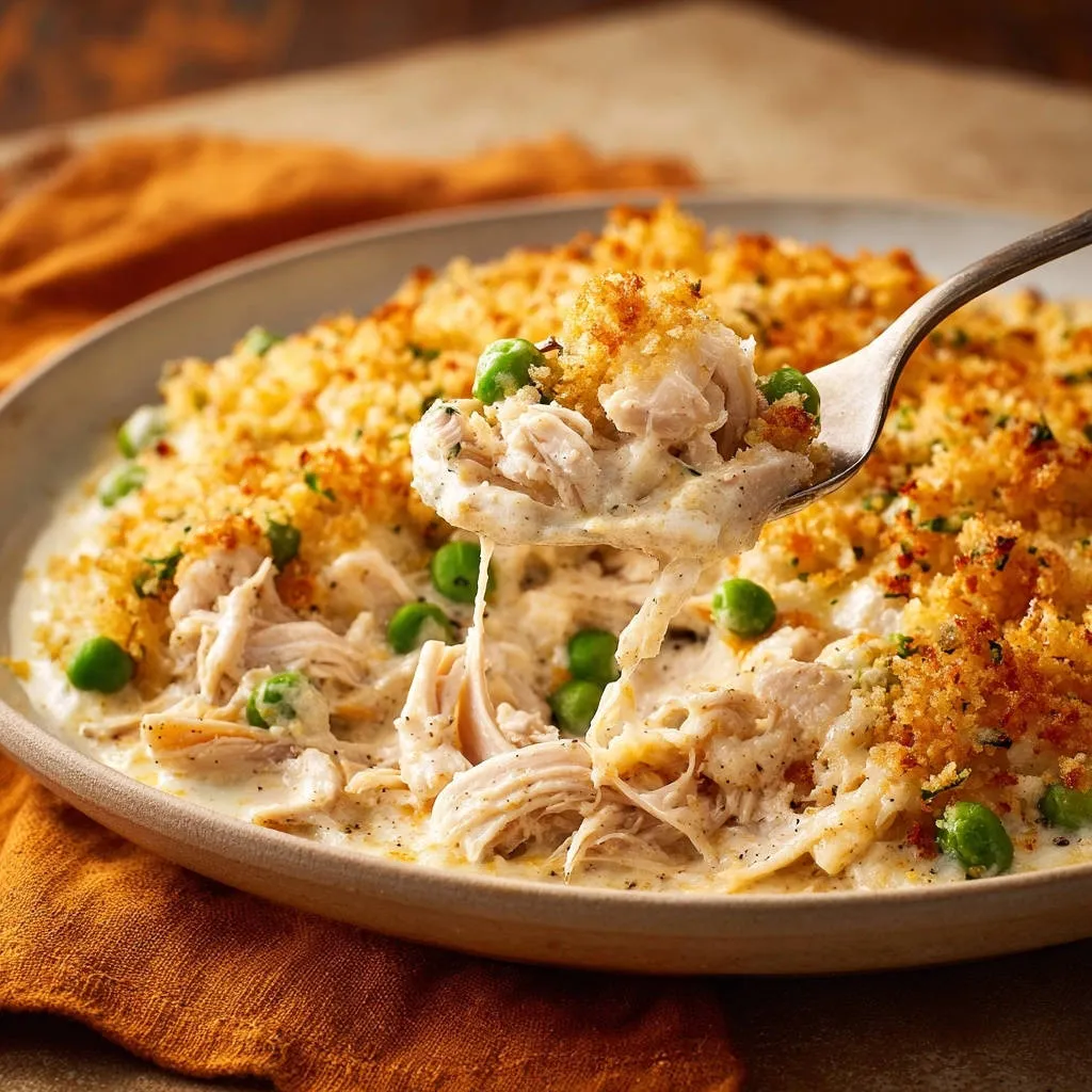 Creamy chicken and pea bake with a golden breadcrumb topping shown on a spoon being lifted from the dish.