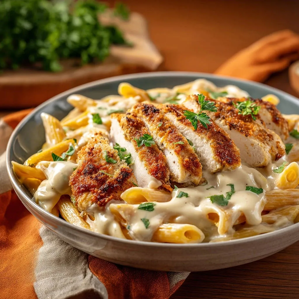 Creamy chicken penne featuring sliced chicken with a crispy coating, garnished with parsley.