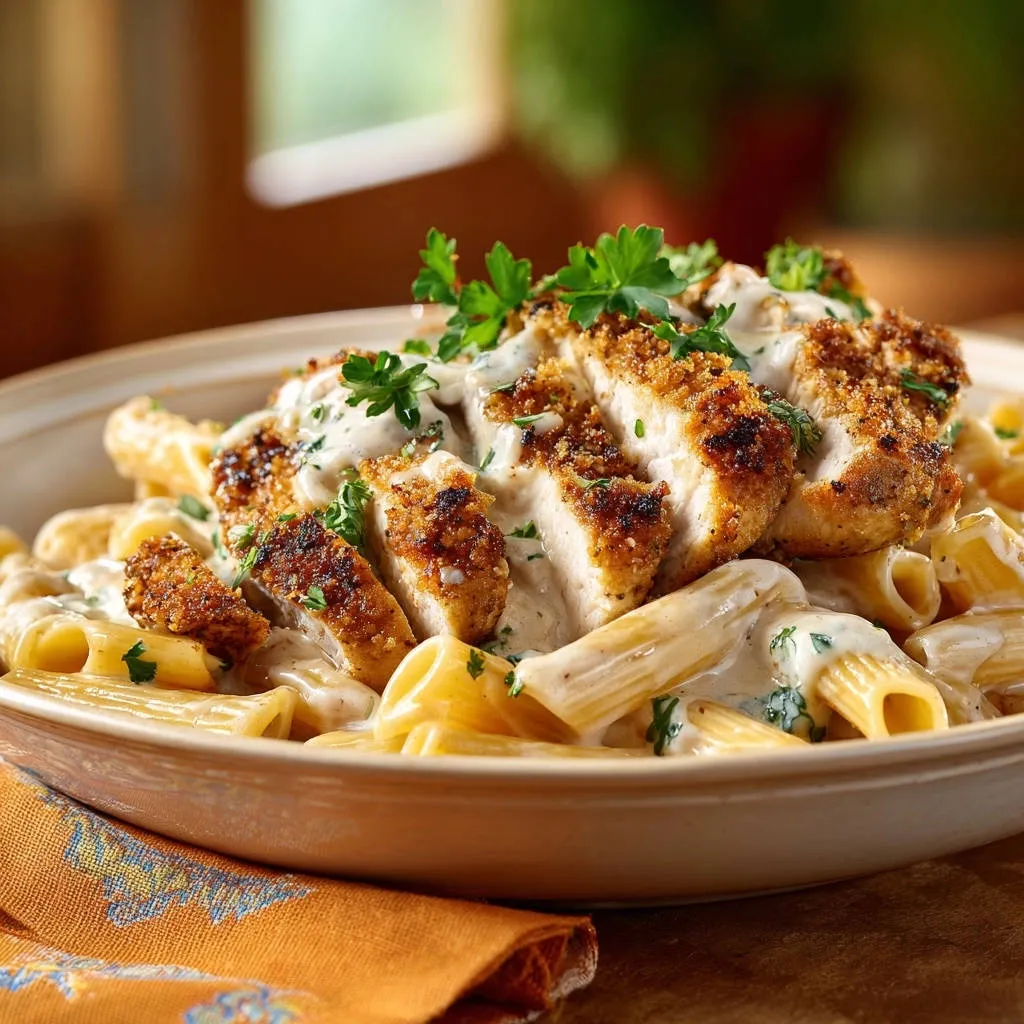 Creamy chicken penne with a crispy coating, sliced and served overhead in a bowl.