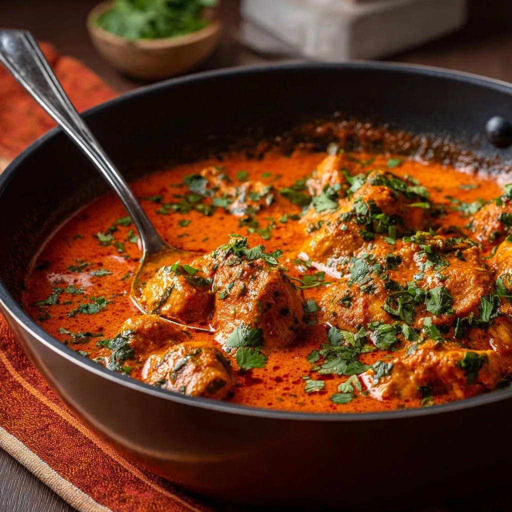 Creamy chicken skillet close-up in a pan, garnished with fresh cilantro, showing tender pieces in a rich sauce.