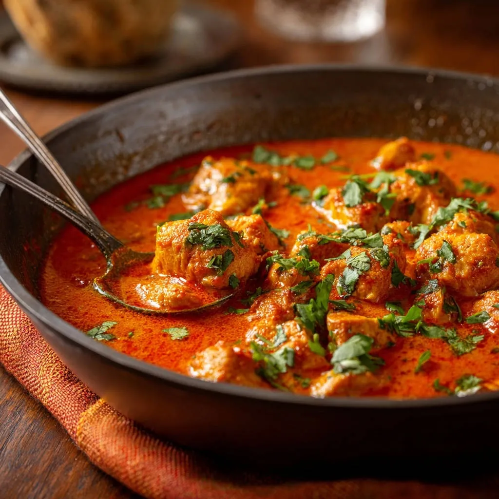 Creamy chicken skillet with a spoonful being lifted, showcasing the tender, flavorful pieces and rich sauce.