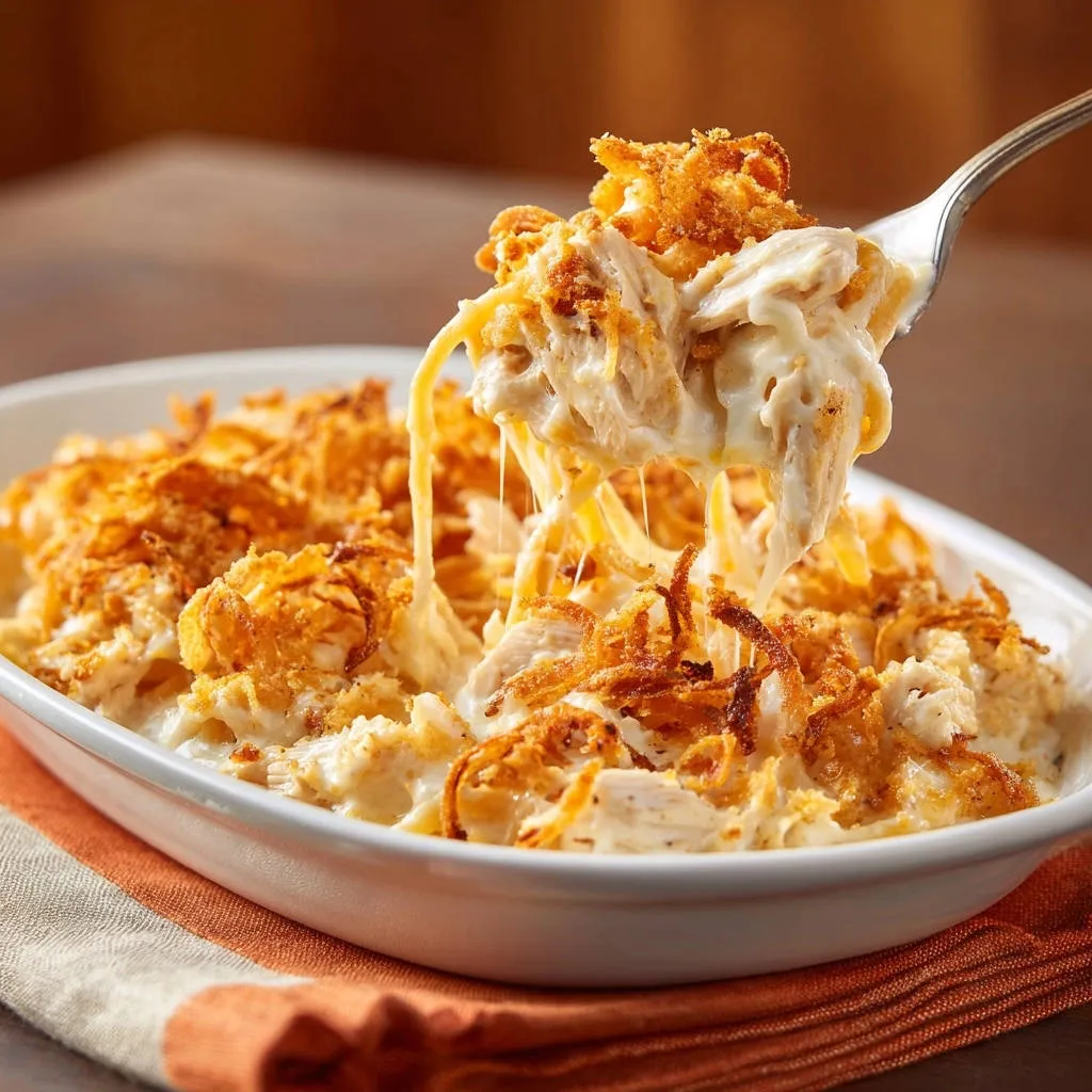 Creamy chicken spaghetti bake being scooped with a fork, showing a generous cheese pull and crispy topping.