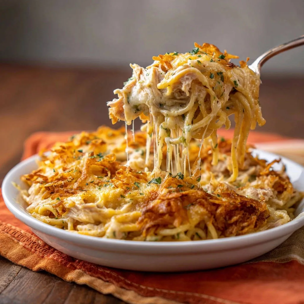 Creamy chicken spaghetti bake lifted on a fork, showcasing its cheesy, stringy texture and crispy topping.