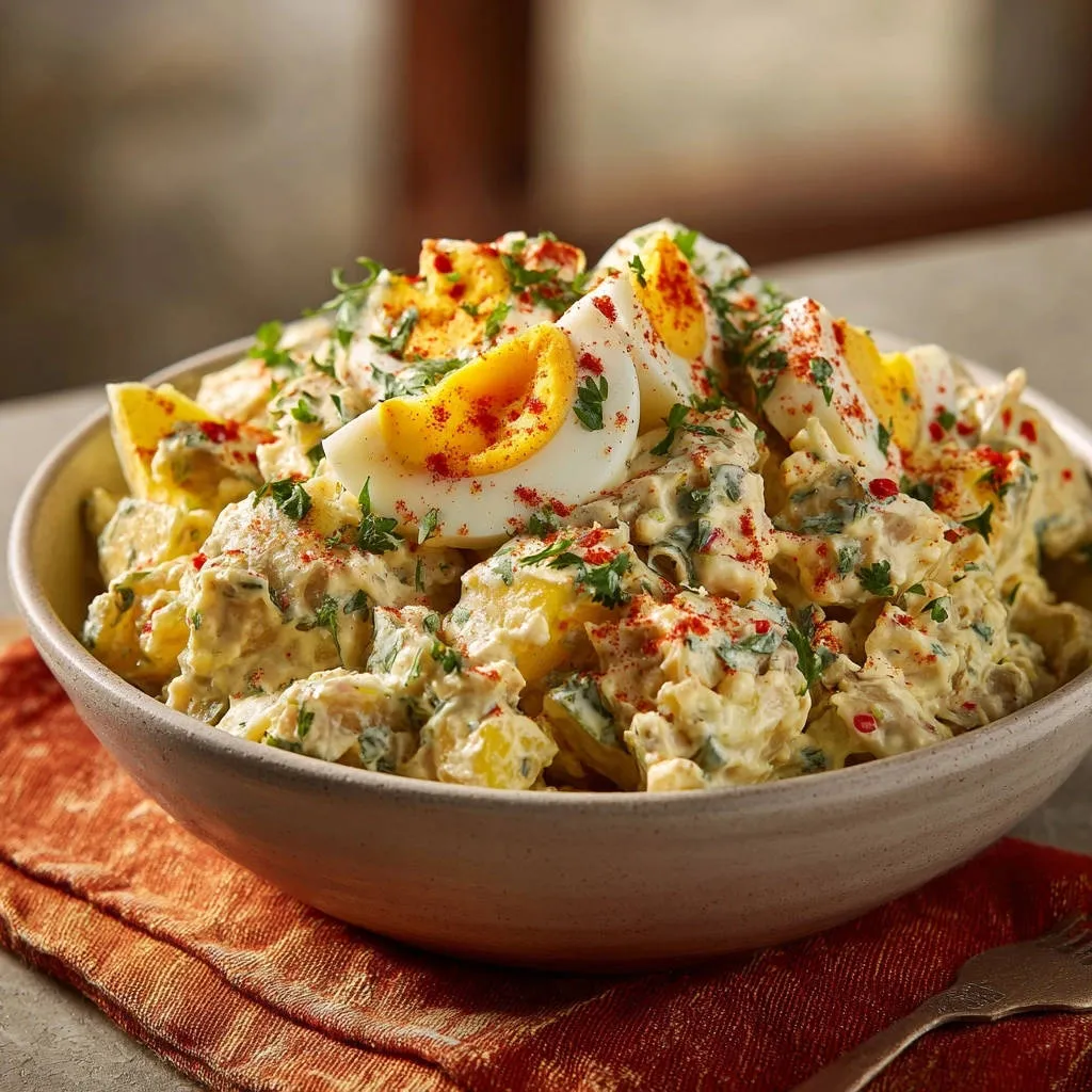 Creamy classic potato salad generously garnished with chopped parsley and paprika, served in a bowl.
