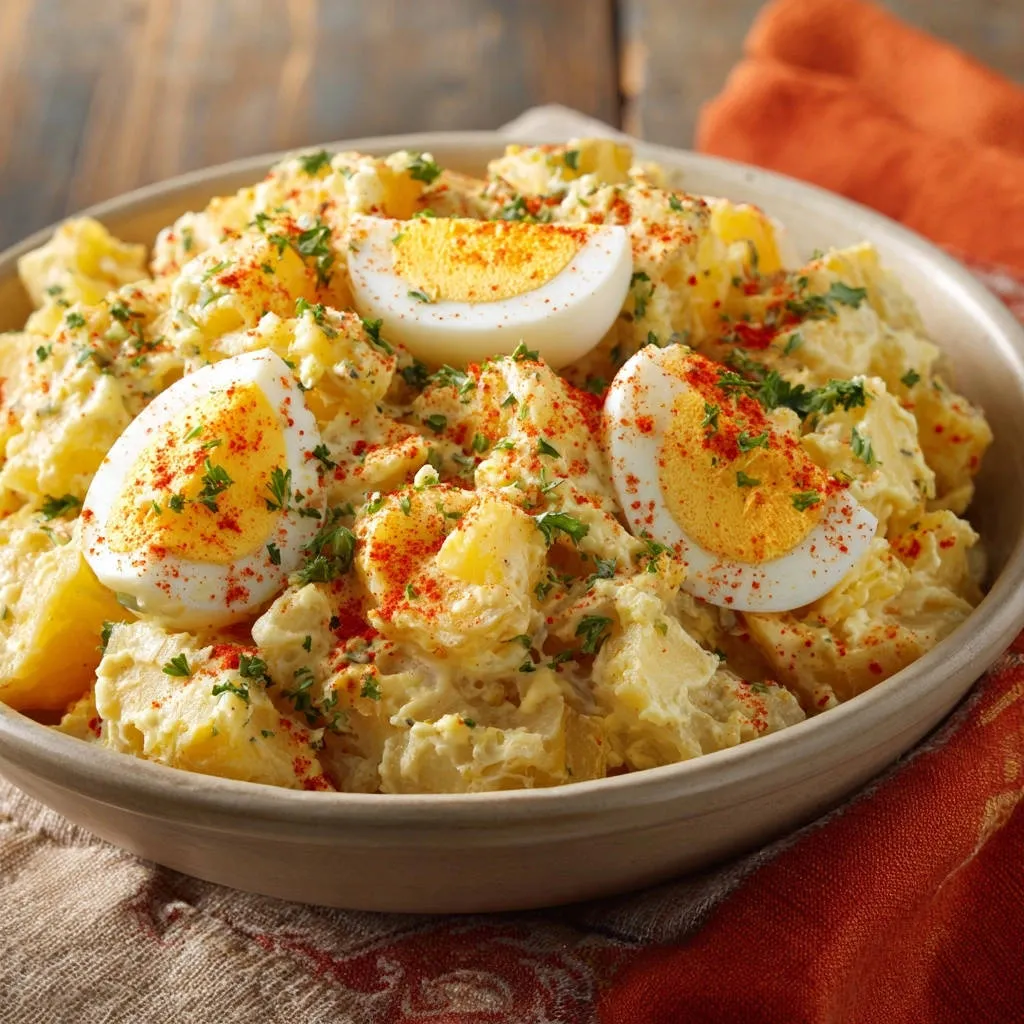 Creamy classic potato salad generously garnished with paprika and chopped parsley, topped with hard-boiled egg halves.