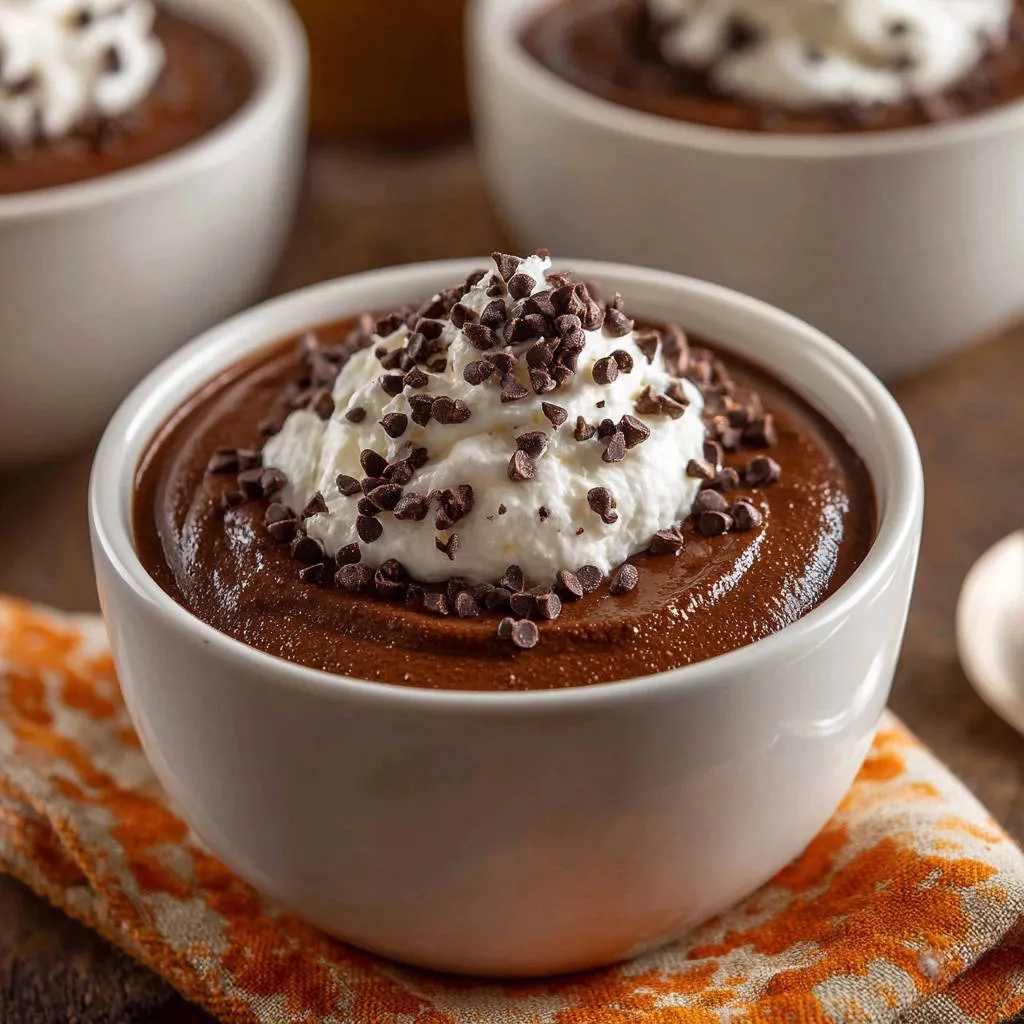 Creamy dreamy chocolate pudding in a white bowl, topped with whipped cream and chocolate chips.