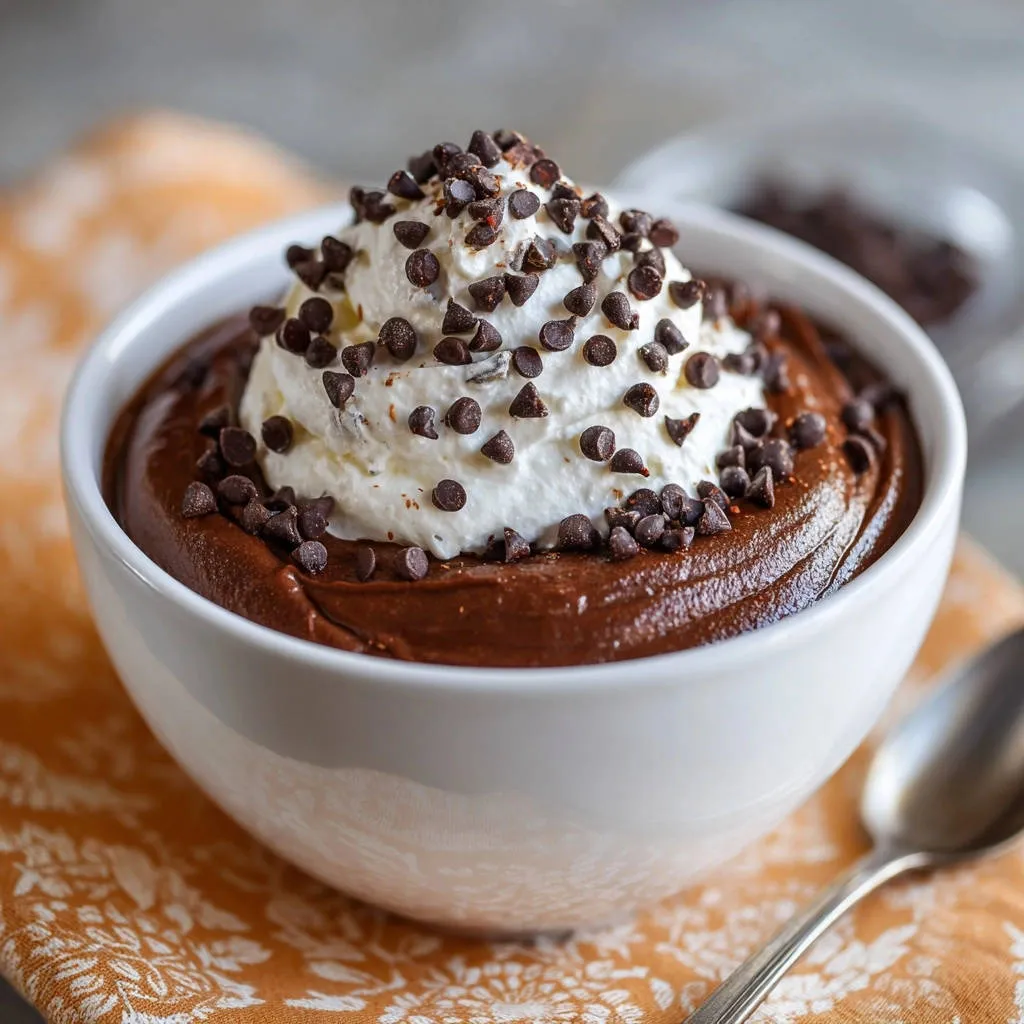 Creamy dreamy chocolate pudding topped with whipped cream and chocolate chips, a close-up detail shot.