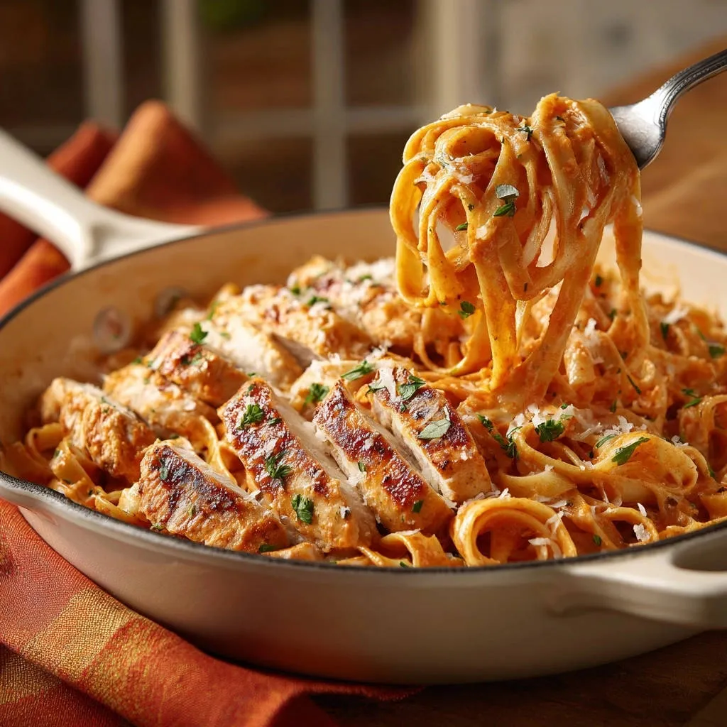 Creamy garlic chicken pasta with a forkful of fettuccine twirled, showing the rich sauce and sliced chicken.