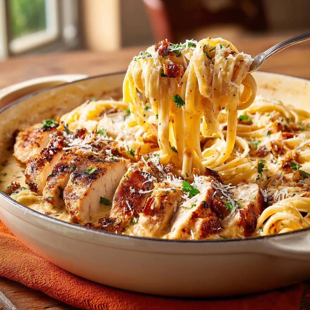 Creamy garlic chicken pasta featured with a fork twirling a generous portion of fettuccine in a rich sauce.