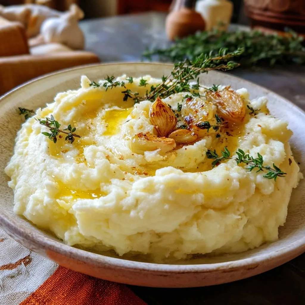 Creamy garlic mashed potatoes generously drizzled with butter and topped with roasted garlic cloves and fresh thyme sprigs.