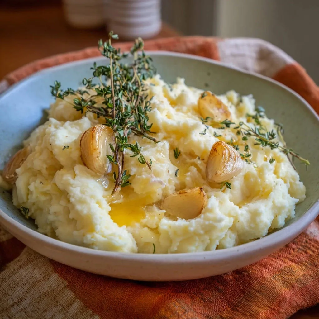 Creamy garlic mashed potatoes glistening with melted butter and garnished with fresh thyme and roasted garlic cloves.