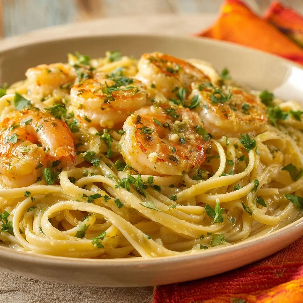 Creamy garlic shrimp linguine served on a plate, showcasing tender shrimp and pasta with fresh parsley garnish.