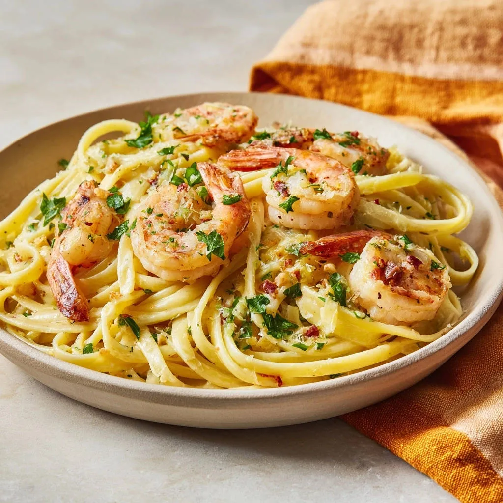 Creamy garlic shrimp linguine served on a plate, showcasing tender shrimp and linguine pasta with fresh parsley.