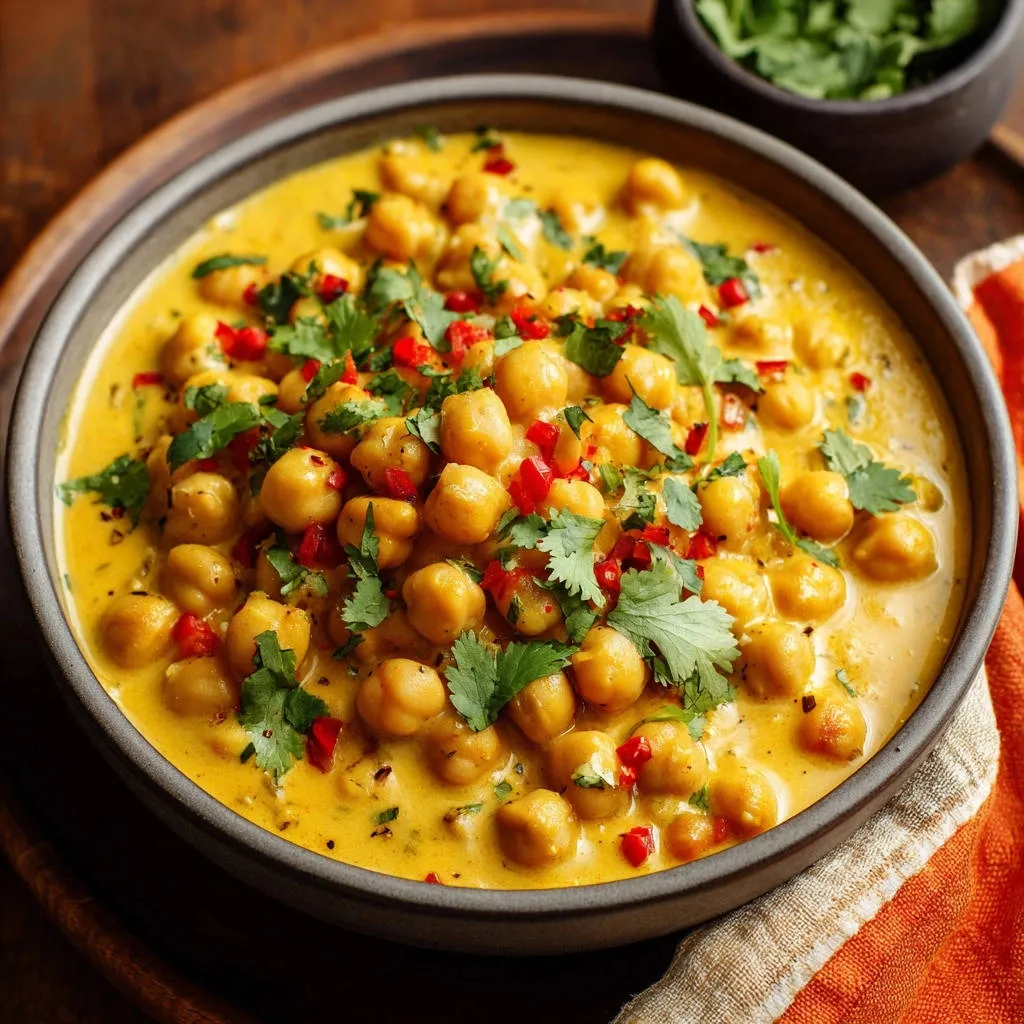 Creamy golden chickpea stew close-up, showing fresh cilantro and chili garnish in the rich, luscious sauce.
