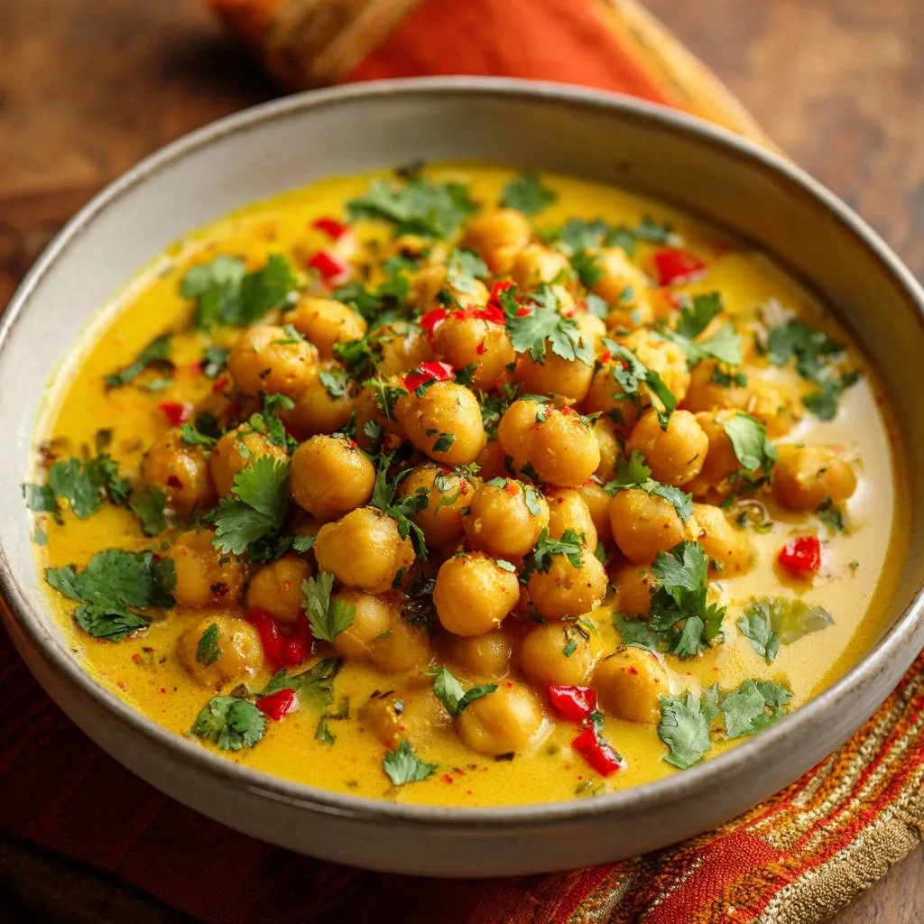 Creamy golden chickpea stew close-up, showcasing fresh cilantro and chili pepper garnish in a rustic bowl.