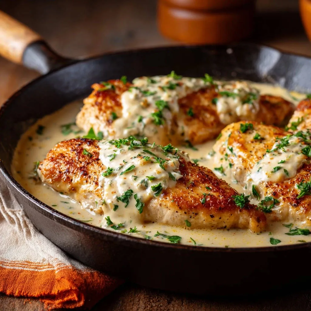 Creamy herb skillet chicken served in a cast iron pan, showcasing golden-brown chicken breasts and rich sauce.
