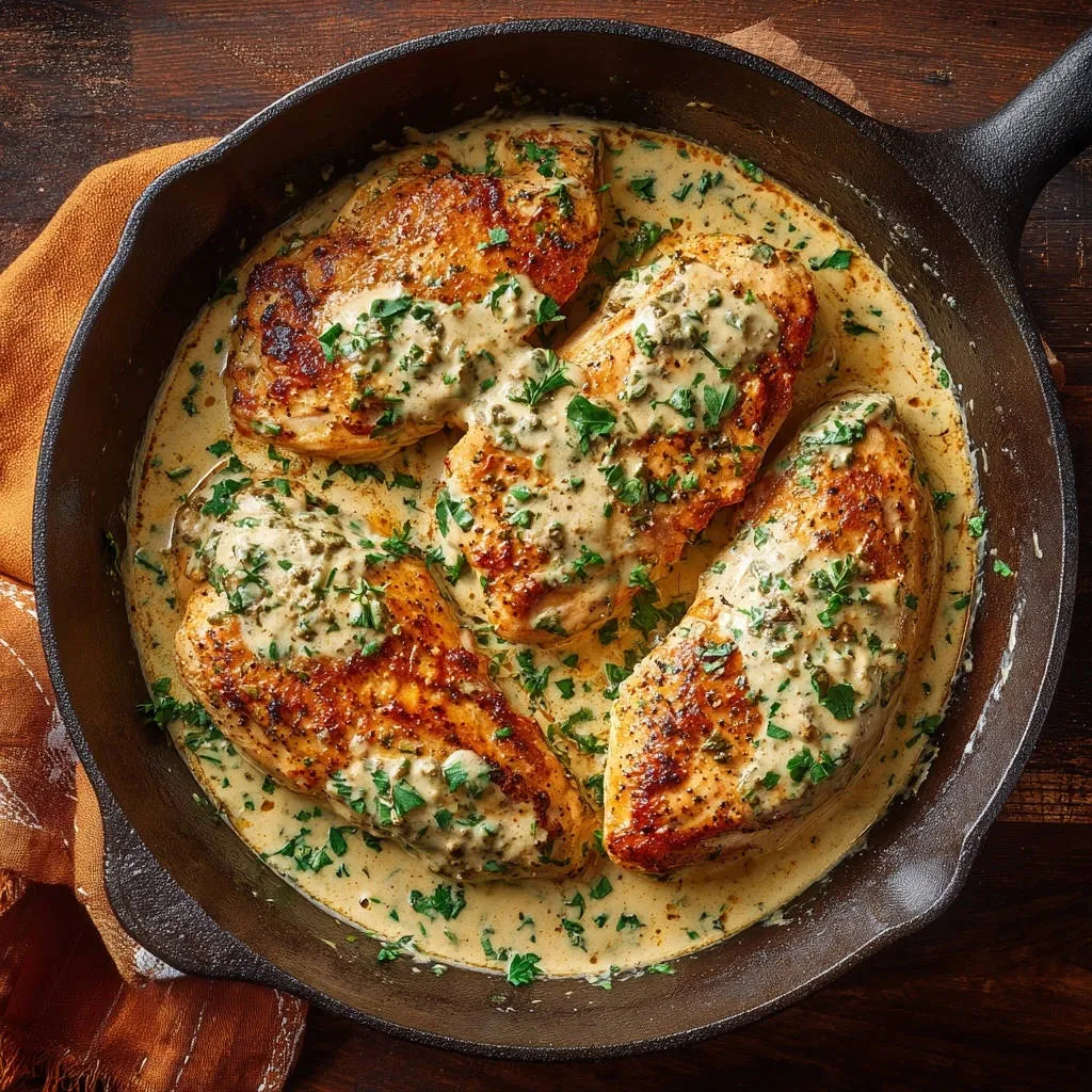 Creamy herb skillet chicken in a cast iron pan, showcasing the golden brown chicken breasts and rich sauce from an overhead view.