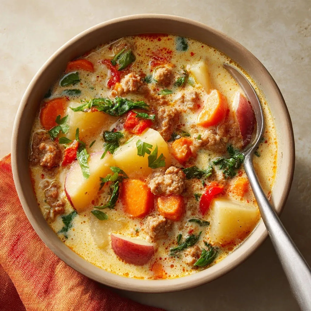 Creamy Italian-style sausage and potato soup in a rustic bowl, with a spoon showing the hearty ingredients close-up.