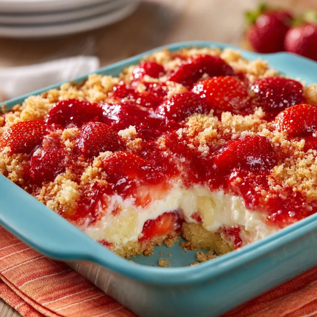 Creamy layered strawberry delight shown in a close-up cross-section revealing the cake, cream, and strawberry layers.