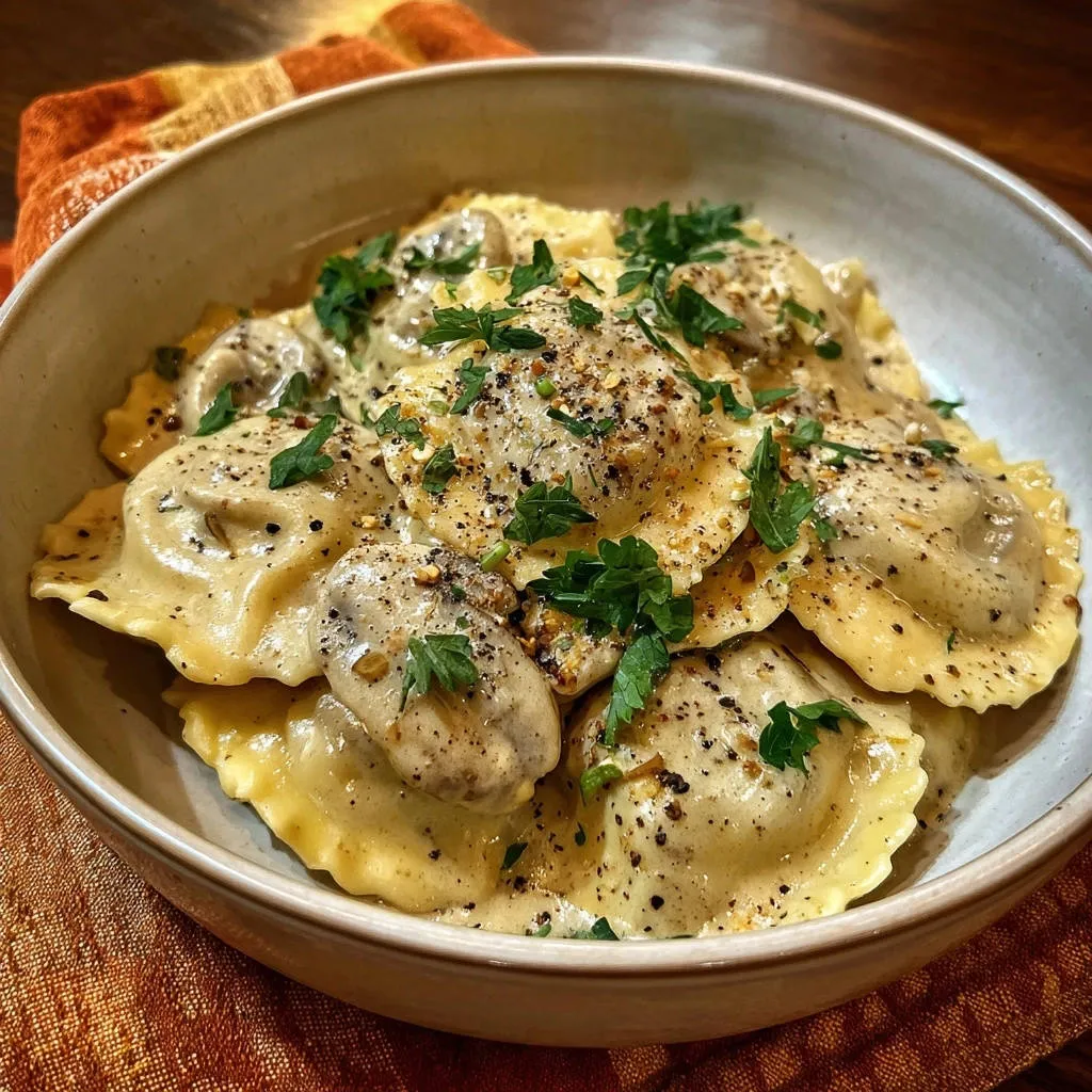 Creamy mushroom ravioli with a thick, clinging sauce and fresh parsley garnish, shown in a close-up view.