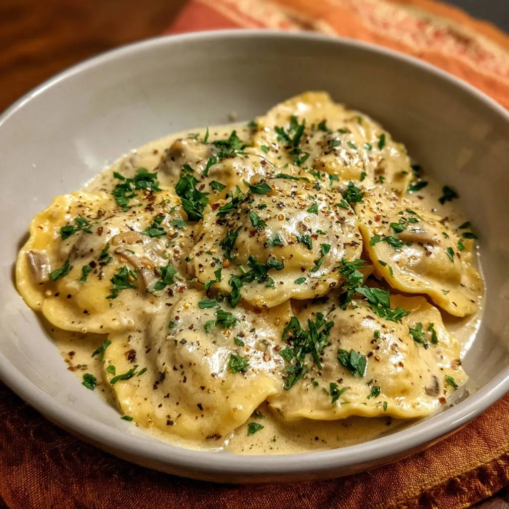 Creamy mushroom ravioli with a rich, clingy sauce and fresh parsley garnish, presented in a white bowl.